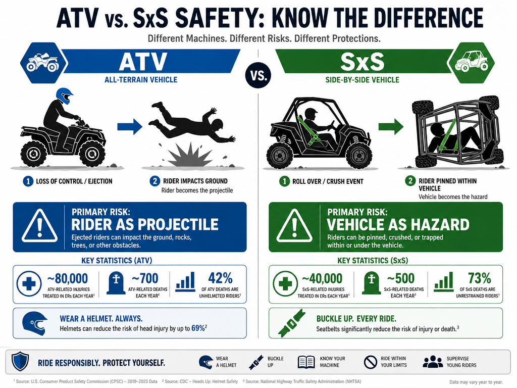 Infographic comparing ATV and side-by-side vehicle crash mechanisms and safety gear.