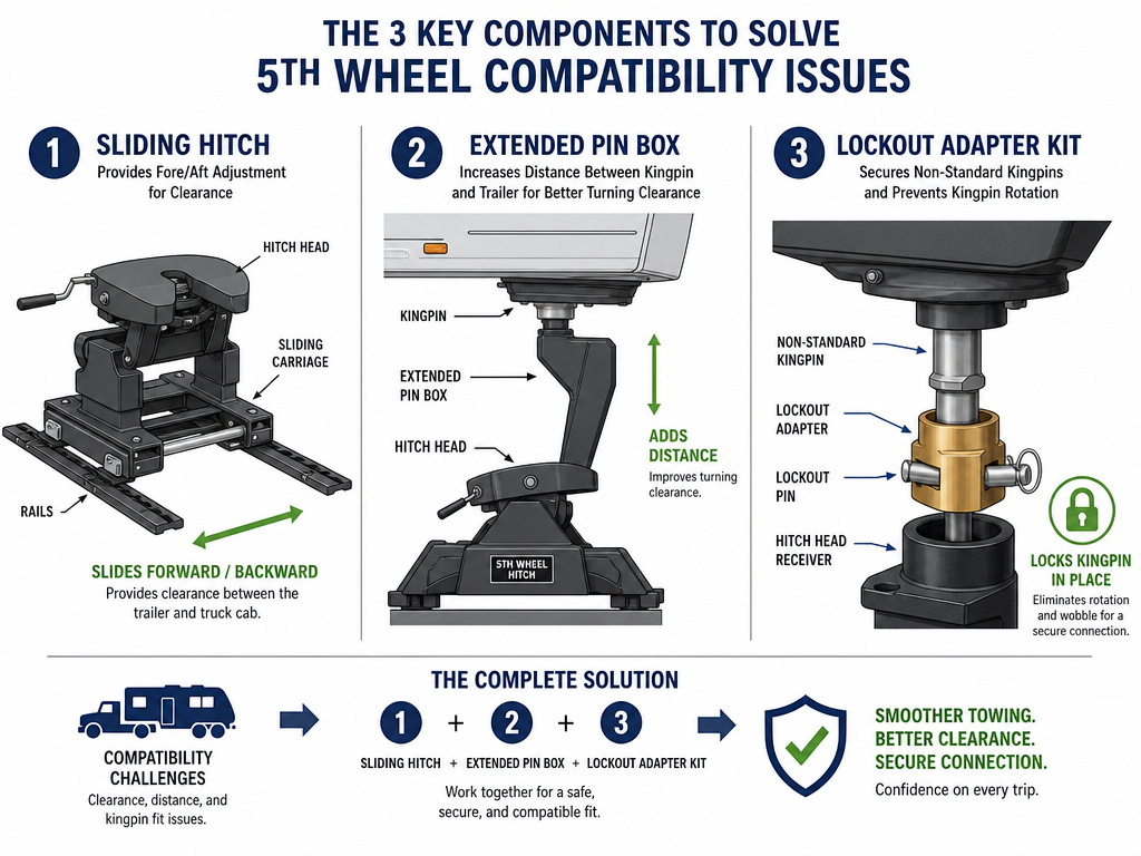 Diagram of sliding hitches, extended pin boxes, and adapters for 5th wheel compatibility.