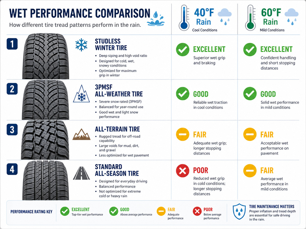 Comparison chart of snow, all-weather, all-terrain, and all-season tire performance in cold and warm rain.