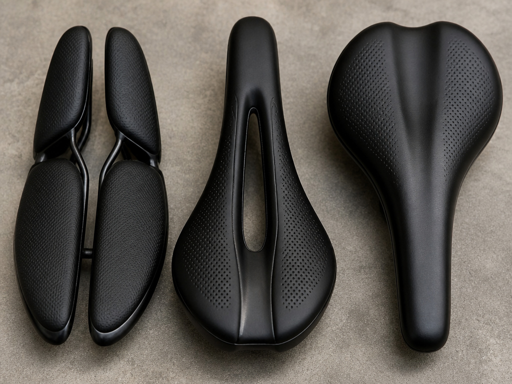 Three specialized bike seat designs: noseless, cut-out, and pressure relief.