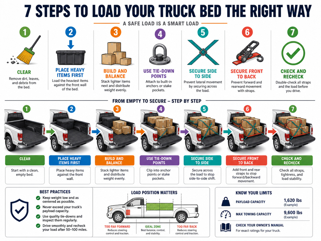 Step-by-step infographic for properly loading and securing a truck bed.