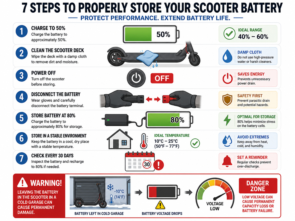 Electric scooter battery pre-storage shutdown checklist infographic with seven steps.