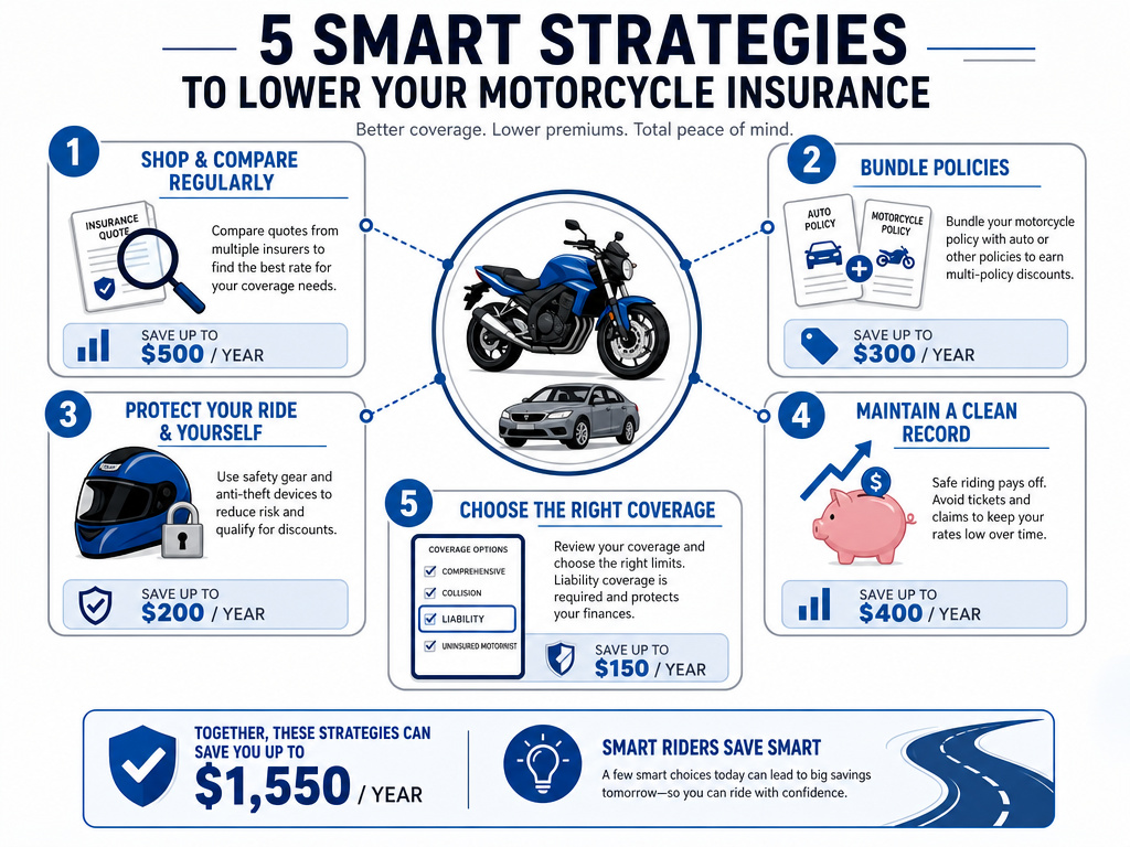 Infographic showing five strategies to lower motorcycle insurance premiums.
