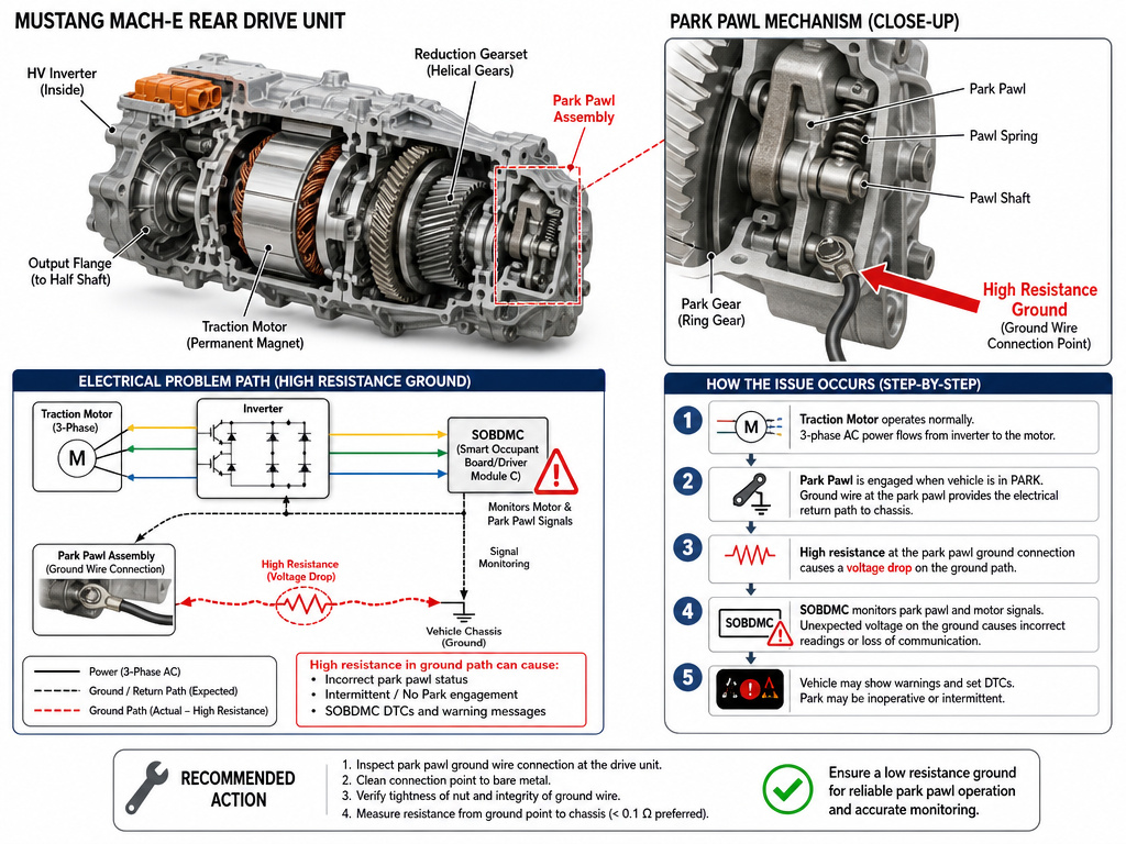 Diagram of Mustang Mach-E park pawl motor ground circuit fault.