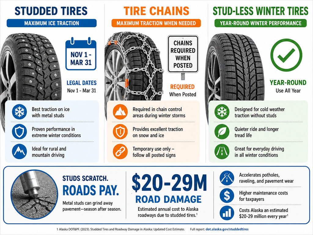 Studded tires, chains, and winter tires comparison chart for Washington drivers.