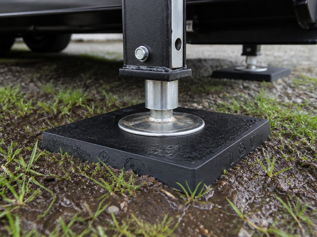 RV leveling jack and load distribution pad on wet campsite ground.