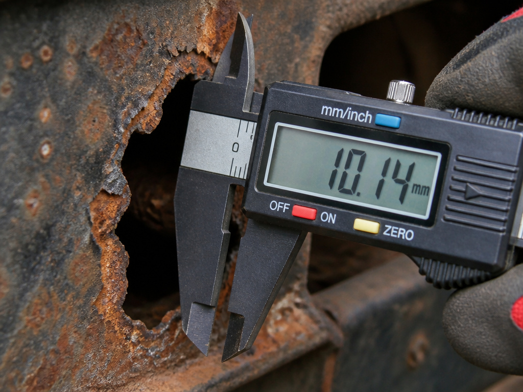 Digital calipers measuring a 10mm rust hole in a corroded truck frame.