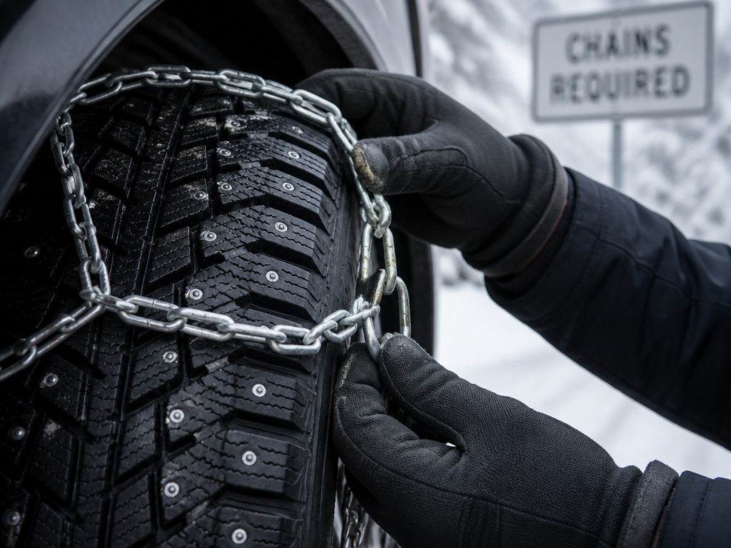 Studded tire with snow chains being installed on a winter road in Washington State.