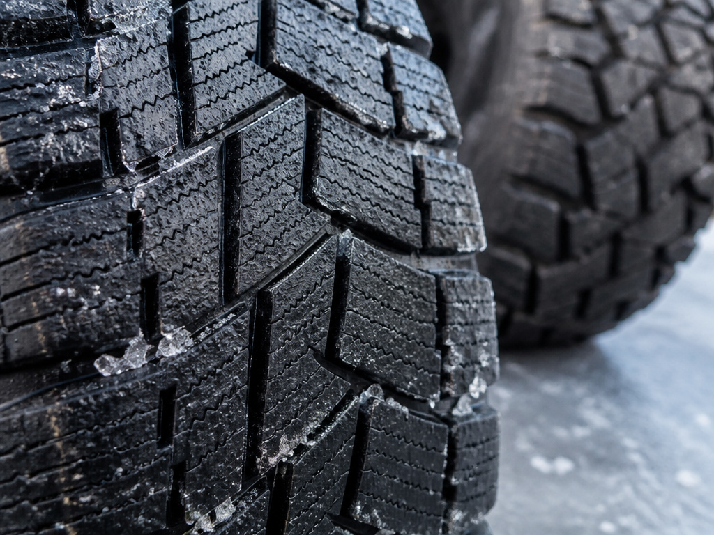 Close-up of tire rubber compound on ice for snow traction testing