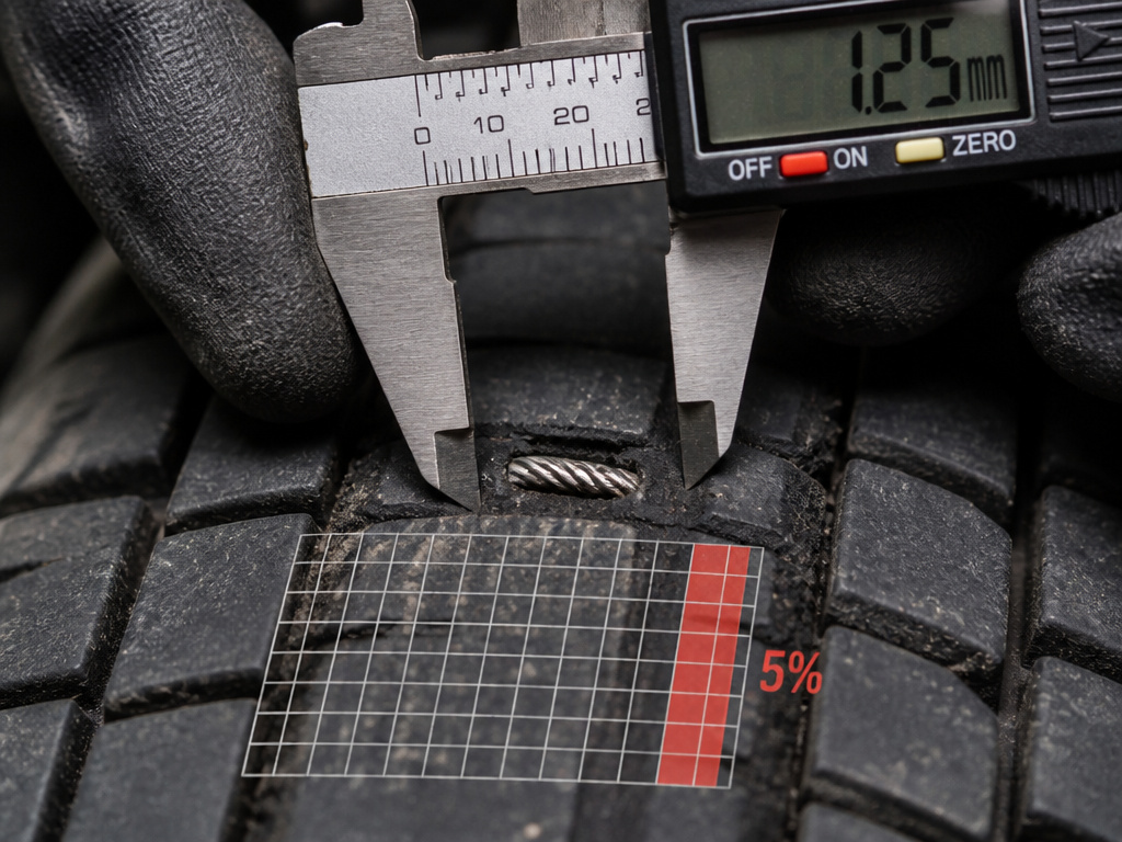 Close-up of metal wire embedded in a tire tread with measurement caliper and area overlay.