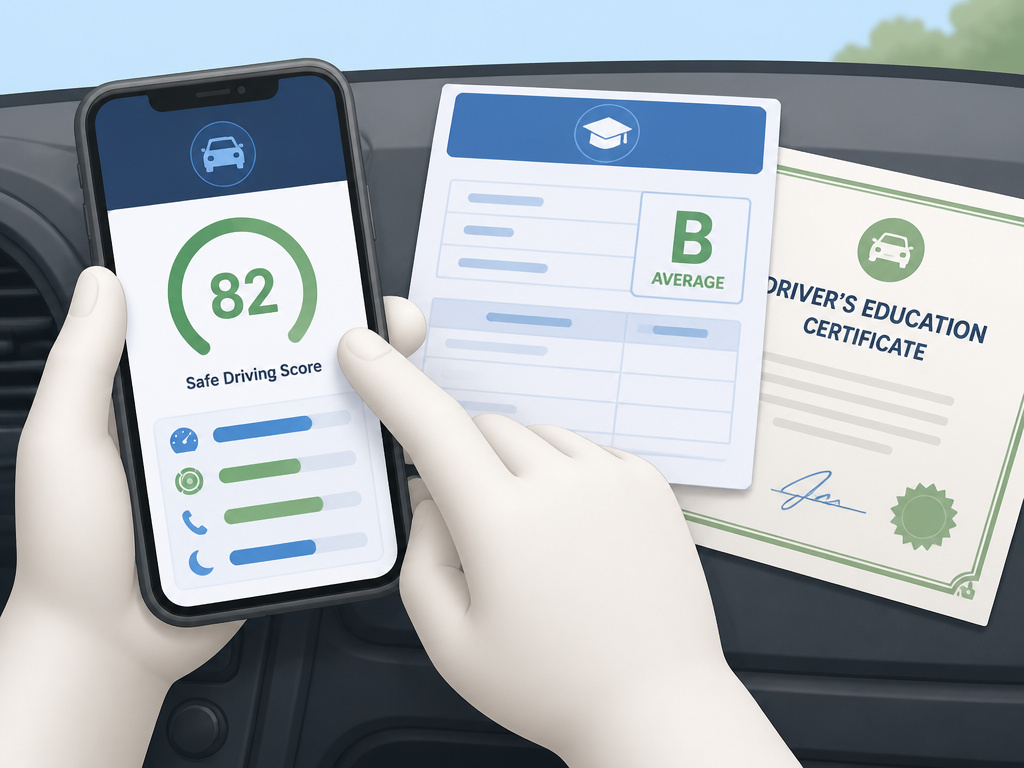 Young driver stacking car insurance discounts like good student and telematics.