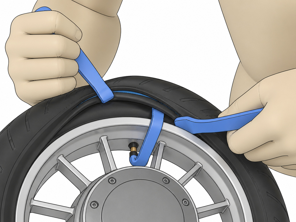 Using tire levers to remove a flat tire from an electric scooter rim.