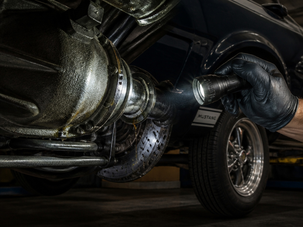 Close-up of a Mustang rear axle seal leak requiring cheap sports car maintenance.
