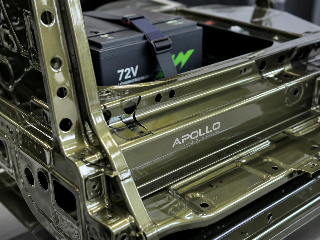 Apollo Golf Car monocoque frame and electric battery pack close-up