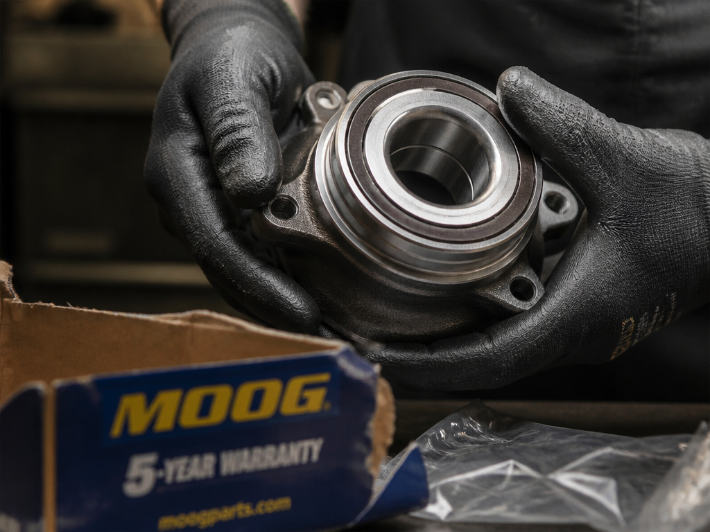 Close-up inspection of a new Moog wheel bearing unit and its packaging.