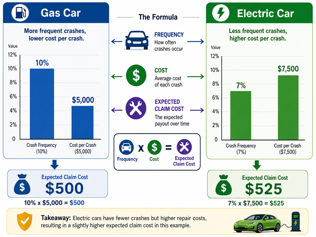 Infographic comparing electric vs gas car crash frequency and repair cost