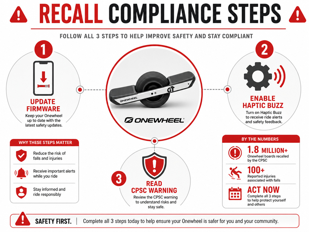 Mandatory Onewheel recall steps: update firmware, enable Haptic Buzz, read warning.