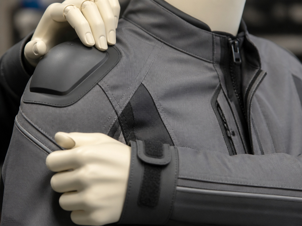 Close-up details of proper motorcycle jacket armor placement and construction