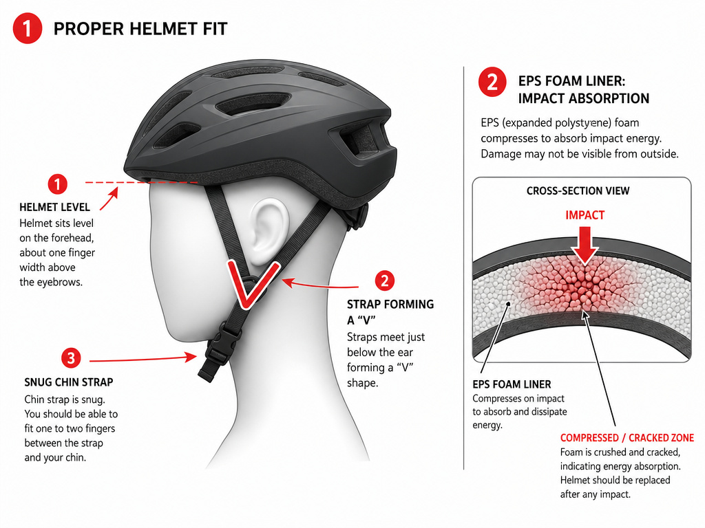 Correct bicycle helmet fit diagram showing chin strap V and damaged foam liner.