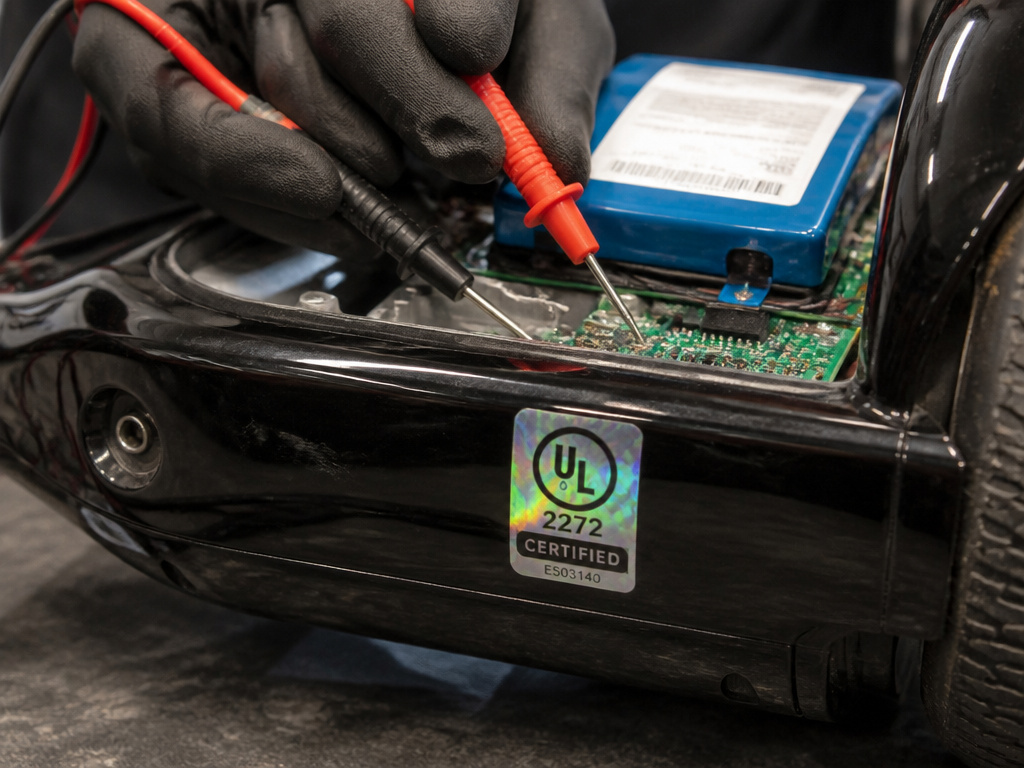 Close-up of a UL 2272 safety certification sticker on a hoverboard's electrical system.