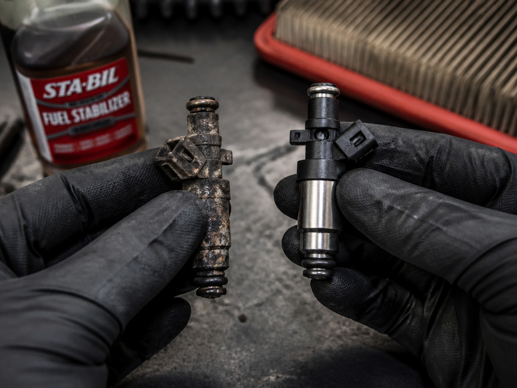Corroded versus clean ATV EFI fuel injector comparison for maintenance.