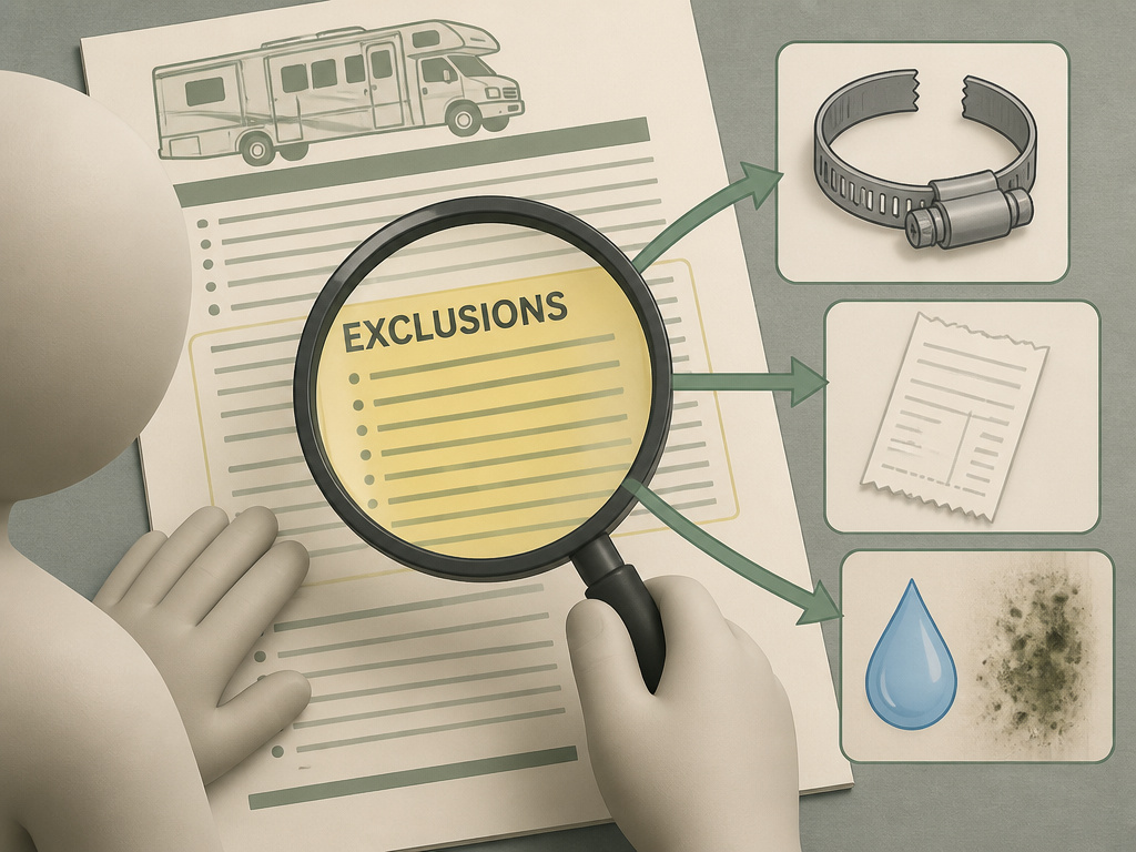 RV warranty contract exclusions for consequential damage and maintenance shown with icons.