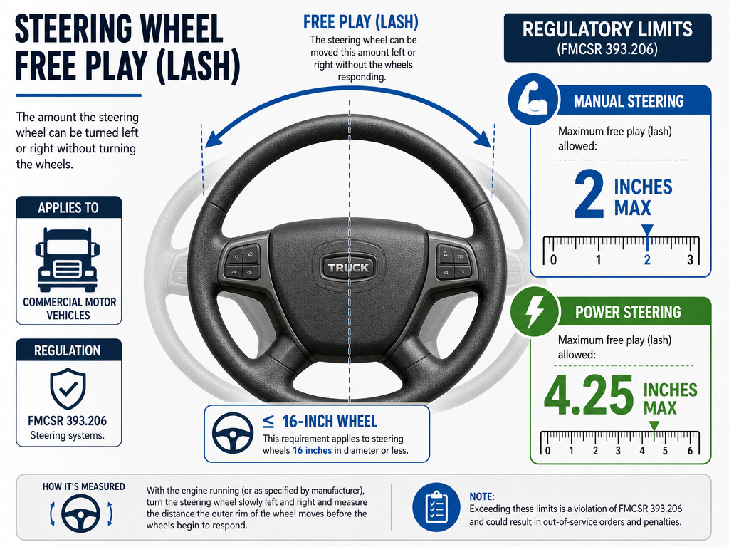 Federal lash limits for commercial truck steering wheels under 16 inches.