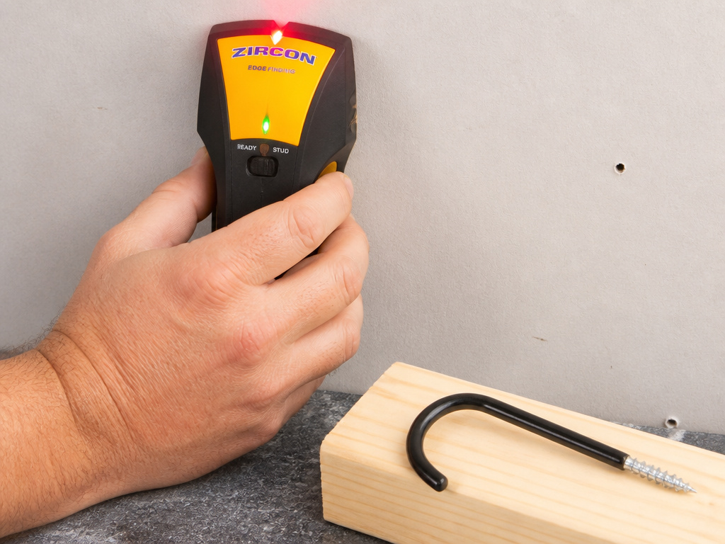 Using a stud finder to locate a secure anchor point for a bicycle wall hook.