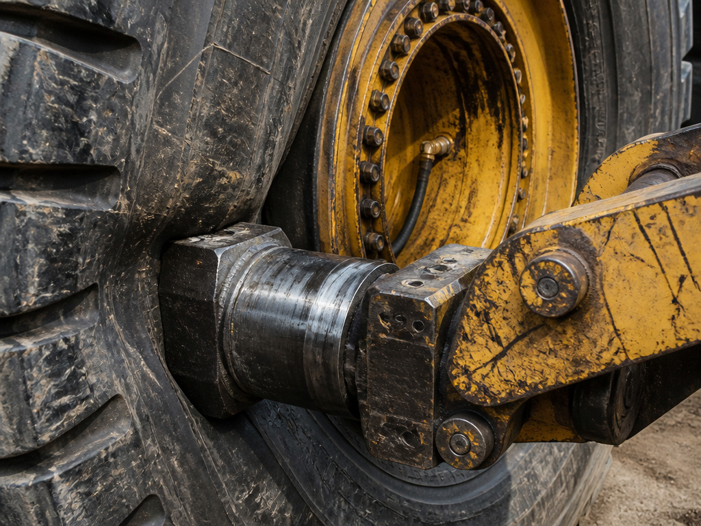 Hydraulic bead breaker removing a massive tire on heavy mining equipment.