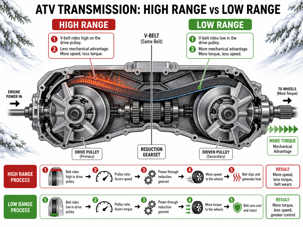 ATV transmission diagram comparing high range vs low range for snow plowing