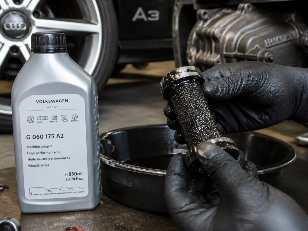 Clogged Haldex pump strainer with black sludge next to correct Audi A3 AWD fluid.