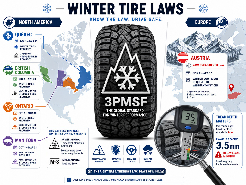 Infographic map of North American and European winter tire laws for off-road vehicles.