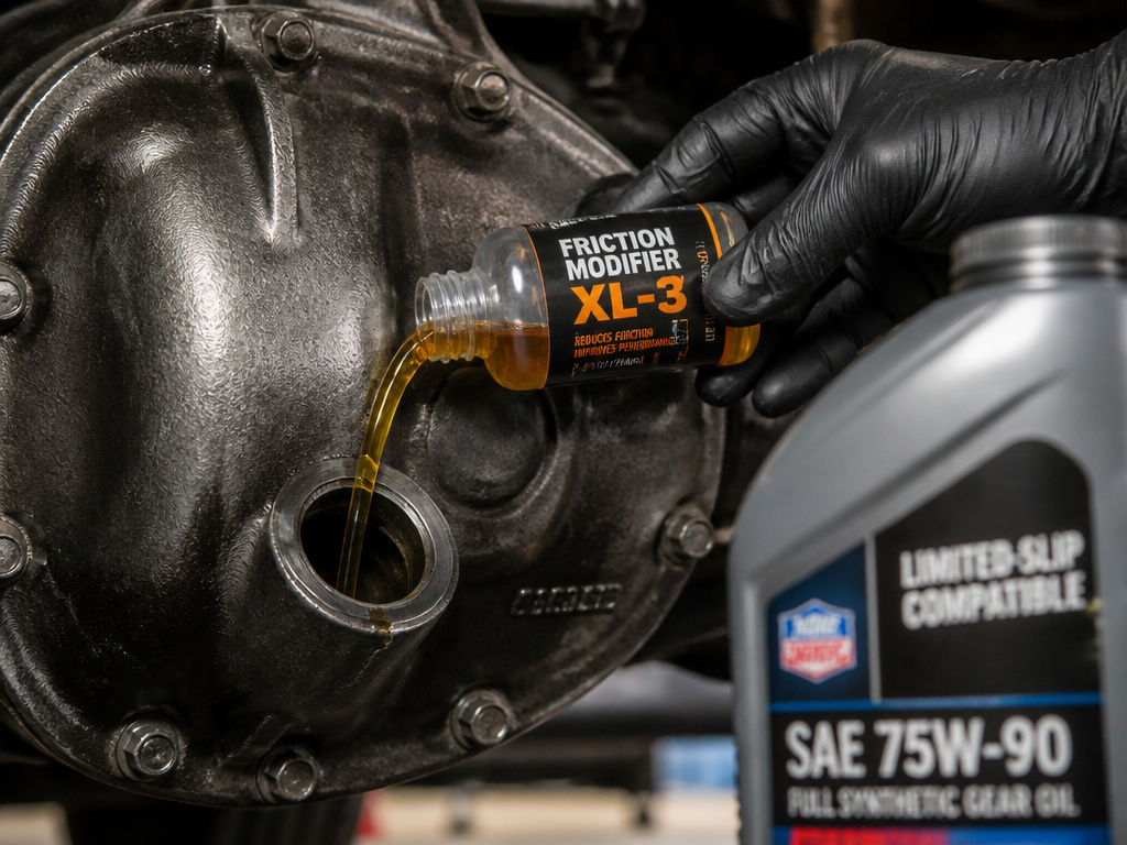 Adding friction modifier fluid to a truck's limited-slip differential during maintenance.