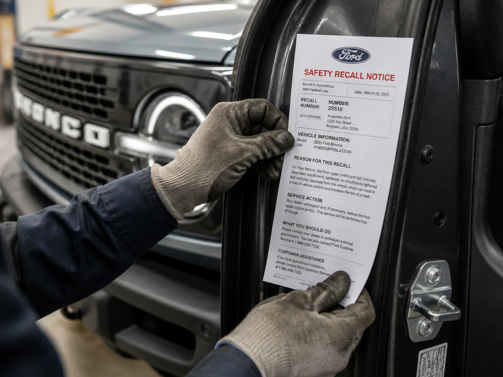 Mechanic's hands checking Ford Bronco recall notice on vehicle door.