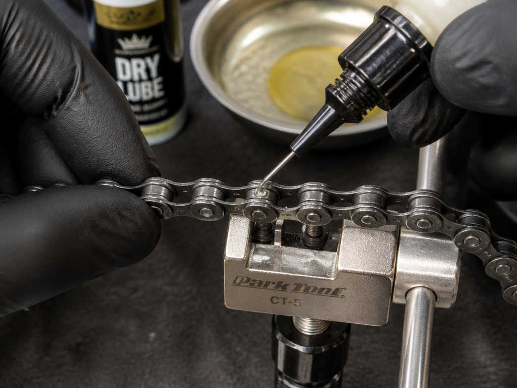 Close-up of applying bicycle chain lubricant to inner rollers