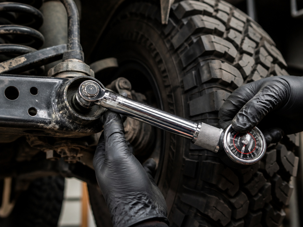 Mechanic torquing suspension bolt on a lifted truck for maintenance.