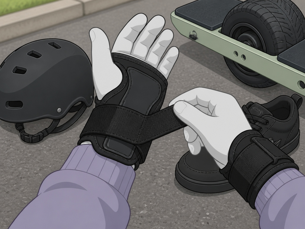 Mandatory Onewheel safety gear including helmet, wrist guards, and shoes.