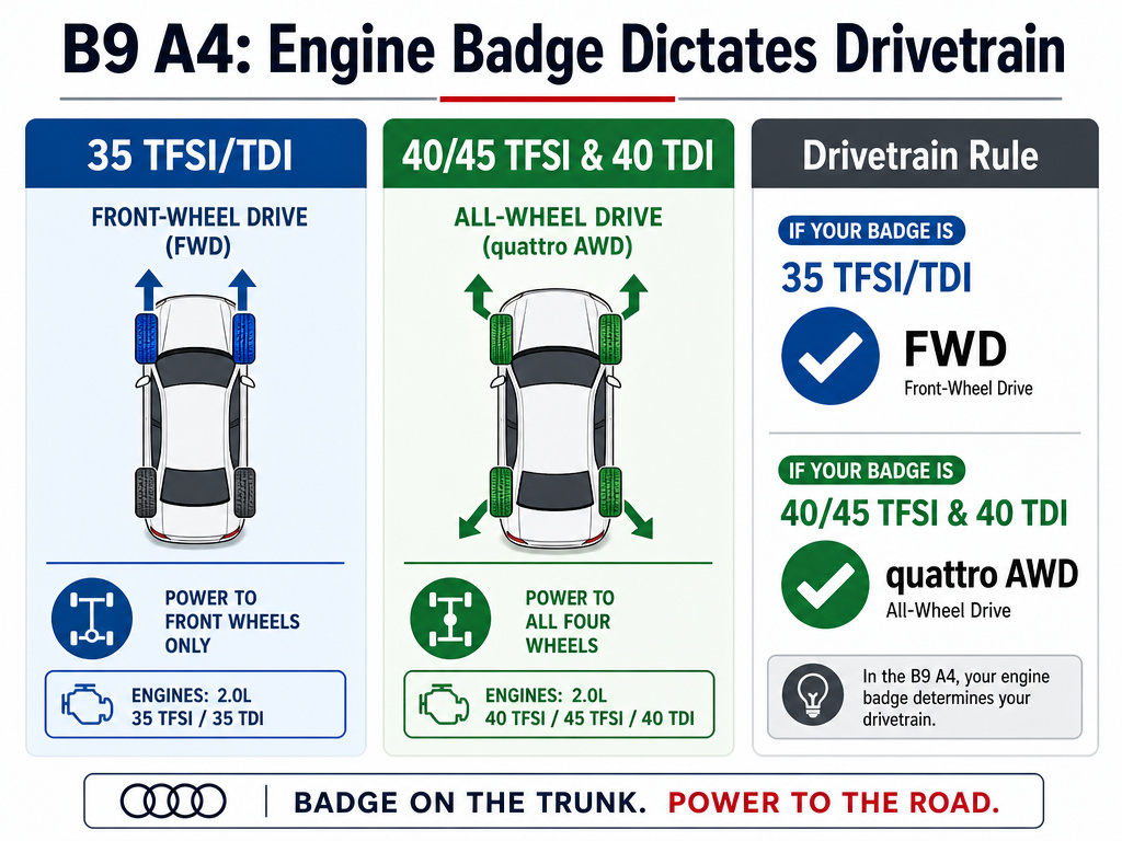 Infographic showing which Audi A4 B9 engine models are FWD or AWD.