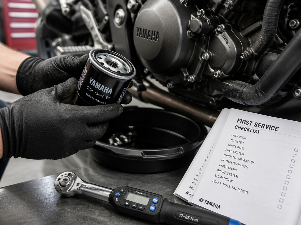 Mechanic performing the first oil change during a new motorcycle break-in service.