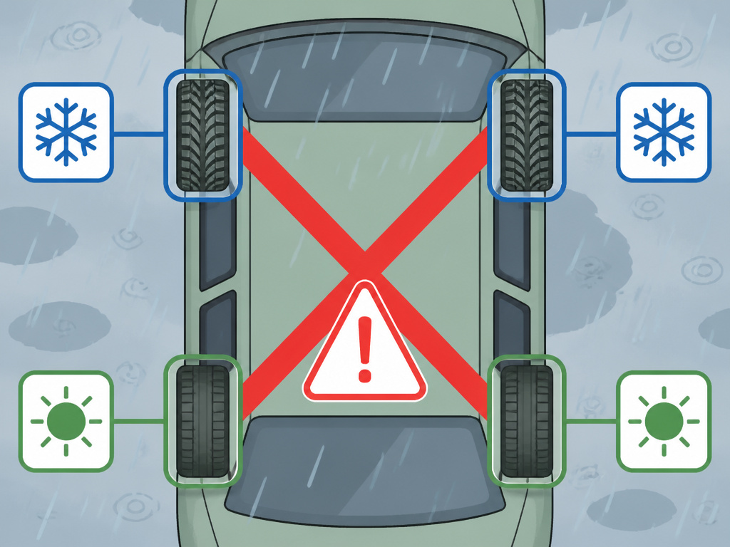 Dangerous traction imbalance from mixing snow and all-season tires in rain.