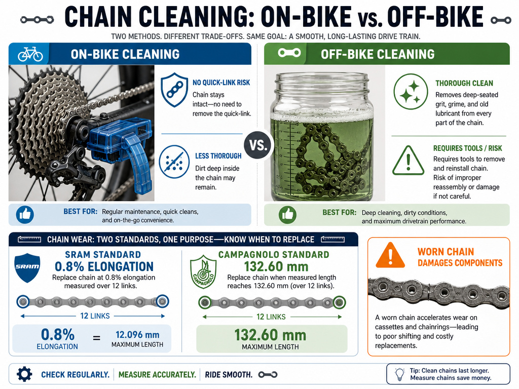 Infographic comparing on-bike vs off-bike chain cleaning methods and wear limits