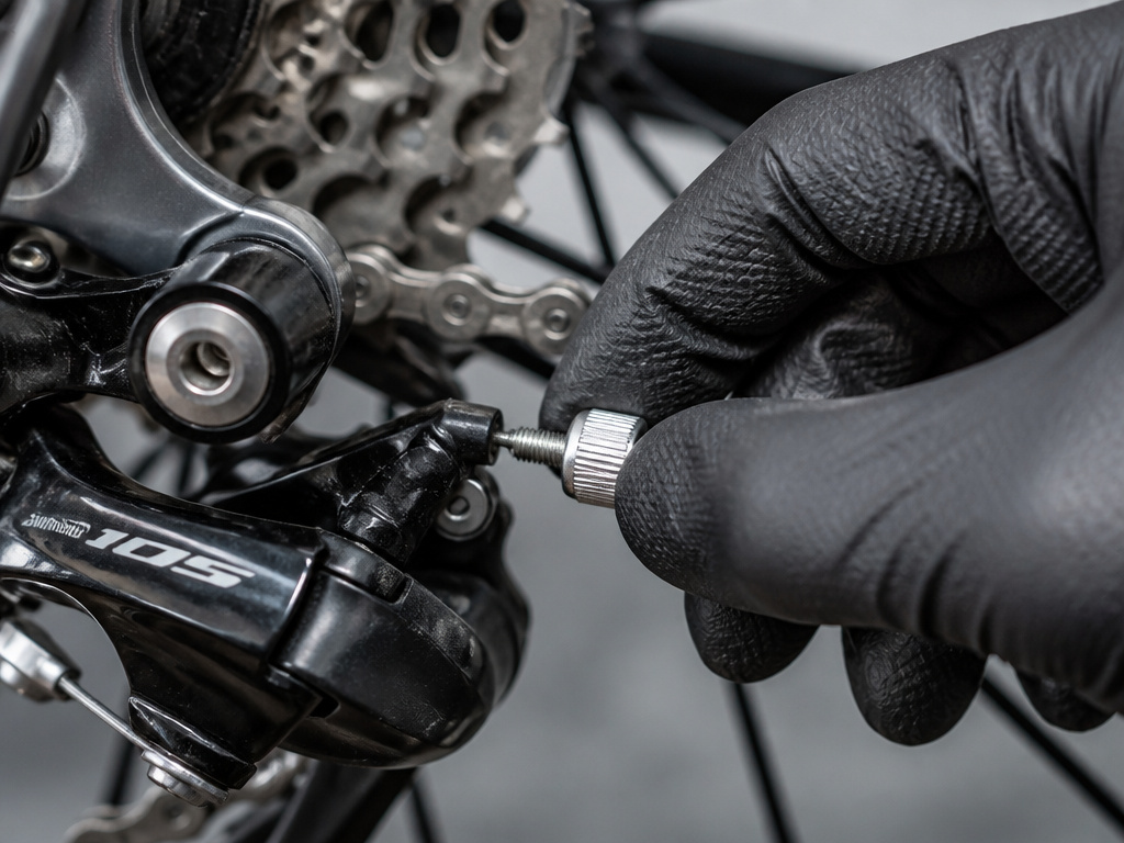 Mechanic adjusting rear derailleur cable tension with a barrel adjuster.