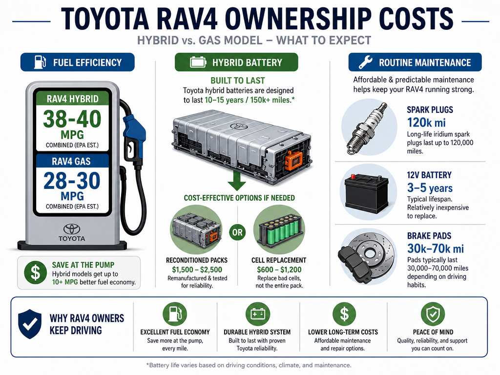 Infographic comparing Toyota RAV4 hybrid and gas costs, mileage, and maintenance.