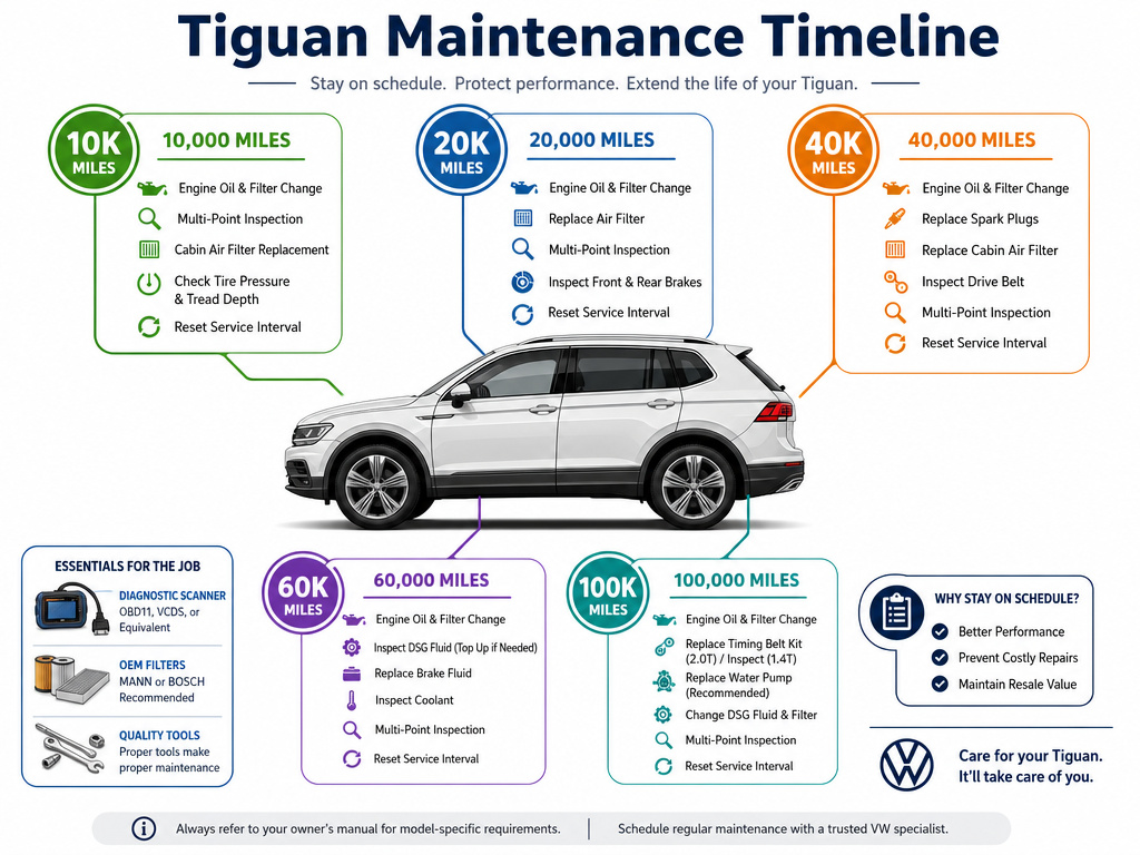 Volkswagen Tiguan ownership costs and maintenance schedule infographic