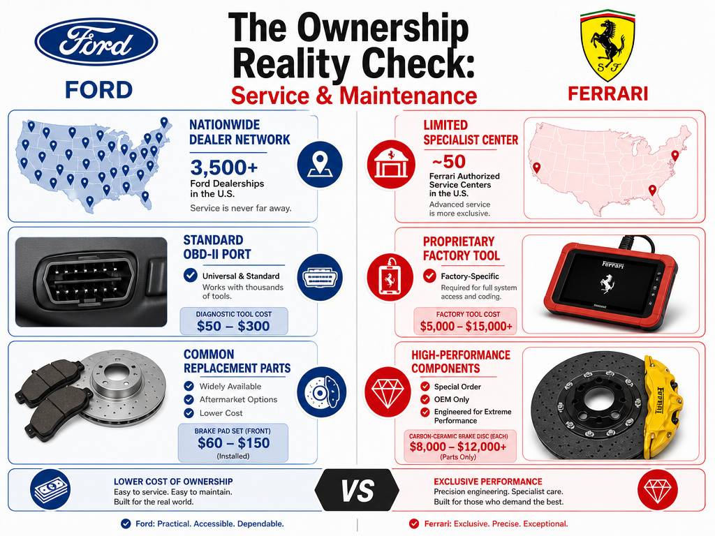 Ford versus Ferrari ownership comparison infographic on service access and maintenance.