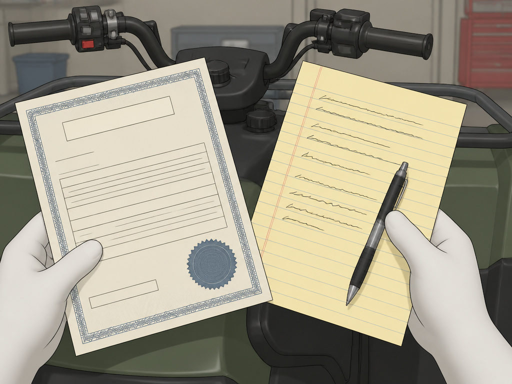 ATV ownership documents, MCO and Bill of Sale, for road registration
