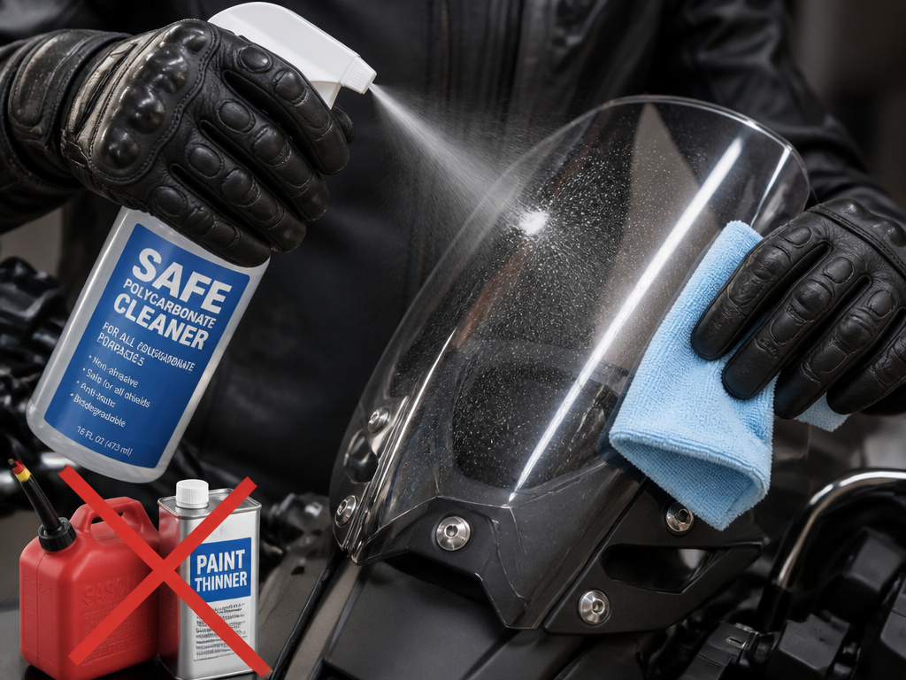 Correctly cleaning a polycarbonate motorcycle windshield with safe products.