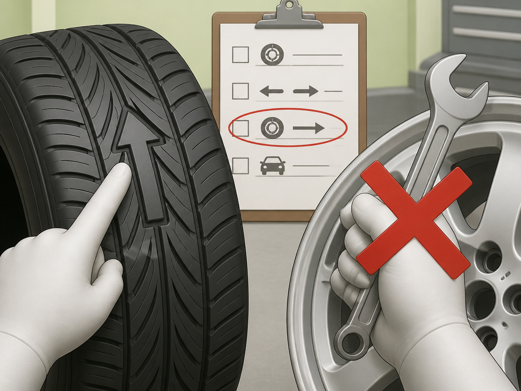 Mechanic struggling with directional tire rotation and remounting restrictions