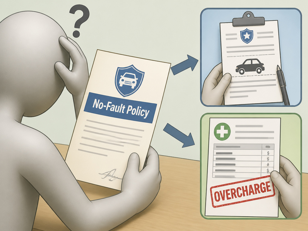 Cartoon explaining no-fault insurance confusion, fraud, and cost problems.