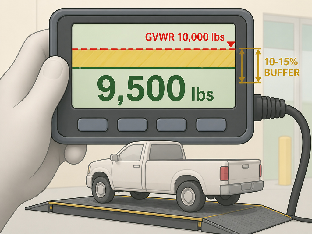 Cartoon of a truck scale showing weight safely below the GVWR limit with buffer zone.